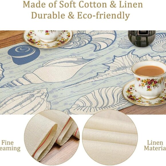 Vintage Look Seashells Table Runner - Blue Coastal Sealife Theme - Costal Decor - Picture 4 of 5